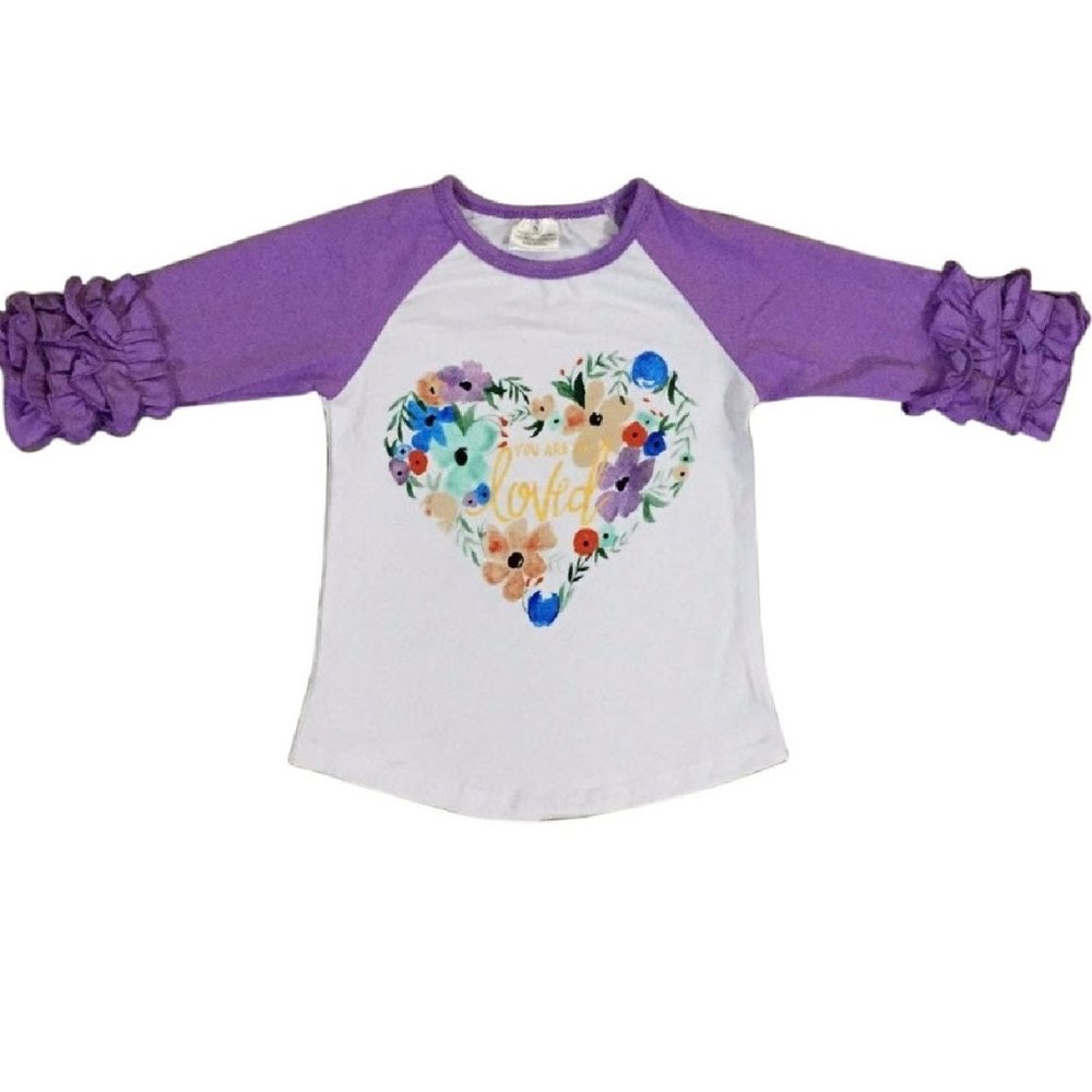 Little Girl Kids Floral Heart Loved Ruffle Cotton Shirt Top Tee T-Shirt 2-8